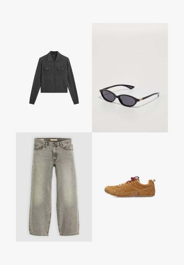 Grijze wollen cardigan met een kraag, knoopsluiting en twee voorzakken. Heeft ribgebreide manchetten en een rechte zoom.; Effen witte T-shirt met korte mouwen en een ronde hals, met een slim fit, vlak weergegeven tegen een witte achtergrond.; Lichtgrijze, ruime jeans gemaakt van denim. Heeft een traditionele vijf-pocketstijl en een lichte vervaging door de stof.; Tan suède schoenen met een textuur, voorzien van witte en rode veters, een ronde neus en een flexibele rubberen zool.; Zwarte zonnebril met ovale glazen, donkere verloop-tint en slanke pootjes met subtiele gouden accenten. Glad plastic afwerking.