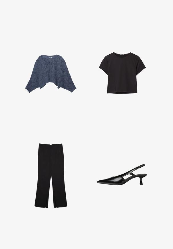 Pletený kardigán v tmavomodrej farbe s otvoreným predným dielom, čipkovým vzorom a širokými rukávmi. Na prednej strane sú päť gombíkov, ktoré zdôrazňujú dizajn.; Čierny krátky rukáv crop top vyrobený z mäkkého materiálu, s okrúhlym výstrihom a vo voľnejšom strihu s čistým lemom.; Čierne nohavice so strihom rovného strihu, s prednými vreckami a bočnými rozparkami na leme. Vyrobené z mäkkej, hladkej tkaniny. Vhodné na rôzne príležitosti.; Čierne lakované kožené lodičky na podpätku s špicatou špičkou, výrezovým dizajnom na boku a malým štvorcovým podpätkom. Hladký povrch s minimálnymi akcentmi.