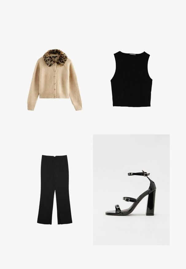 Cardigan beige en matière douce, avec un col en fausse fourrure à imprimé léopard, sept boutons, et des poignets et un ourlet côtelés.; Top court sans manches noir en tissu lisse, avec un col rond et un design épuré, simple, sans motifs ni accessoires.; Pantalon noir avec une coupe droite, doté de poches avant et d'éclairs sur l'ourlet. Fabriqué en tissu doux et lisse. Convient à diverses occasions.; Sandales à talons vernies noires avec un bout carré, des sangles autour de la cheville et des boucles en argent. Dotées d'un talon bloc épais pour plus de stabilité.