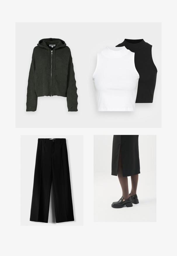 The Ragged Priest THING HOODIE - Cardigan - green; Two sleeveless ribbed turtleneck tops in black and white, featuring a fitted design and smooth texture, with cropped length.; Black wide-leg trousers made of lightweight fabric, featuring a front button closure and flat front, with neatly stitched hems.; Black leather shoes with a rounded toe, thick block heel, and elastic side accents, paired with dark tights and a black skirt with a slit.