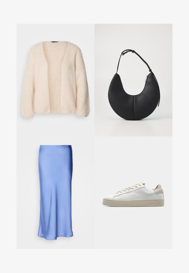 Hellbeige, übergroßer Cardigan aus weichem, strukturiertem Strickstoff. Offene Vorderseite mit weiten Ärmeln und ohne Verschlüsse.; Asymmetrisches weißes Tanktop mit einseitigem Design, aus glattem Stoff gefertigt, mit einer figurbetonten Silhouette und sauberen Kanten.; Satinblaue Midirock mit einer glatten, glänzenden Oberfläche. Ausgestellte Silhouette, der Saum verläuft sanft und hebt das fließende Design hervor.; Weiße Leder-Sneaker mit glatter Oberfläche, beigen Wildleder-Akzenten, runder Zehenpartie, flachem Schnürdesign und einer strukturierten Gummisohle.; Schwarze Lederhandtasche in Halbmondform mit glatter Textur, einem verstellbaren Tragegurt und einem Reißverschluss an der Seite.