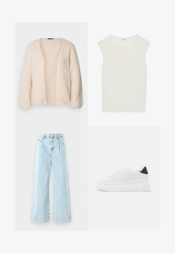 Lys beige oversized cardigan laget av myk, teksturert strikket stoff. Åpen front med brede ermer og ingen lukking.; Hvit ermeløs topp med rund hals. Laget av glatt stoff, har den en avslappet passform og minimalistisk design. Ingen mønstre eller detaljer.; Lyseblå vide jeans laget av denim, med høy midje, frontlommer og sømmer i kanten.; Hvite plattform sneakers laget av glatt syntetisk materiale, med rund tå, snøring og en strukturert gummisåle. Svart hæl akcent.