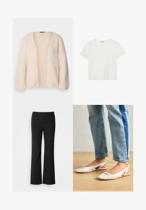 Cardigan supradimensionat bej deschis, dintr-un material tricotat moale și texturat. Față deschisă cu mâneci largi și fără închidere.; Tricou alb cu mânecă scurtă, made din bumbac moale. Are un guler rotund și o croială lejeră. Design curat, fără modele sau accente vizibile.; Pantaloni negri dintr-un amestec de bumbac, cu un design drept, închidere frontală cu buton și două buzunare laterale. Textură netedă, fără modele vizibile.; Sandalete plate de un roz pal cu vârf ascuțit, realizate dintr-un material asemănător pielii, neted. Prezintă detalii decupate pe laterale și un toc plat.