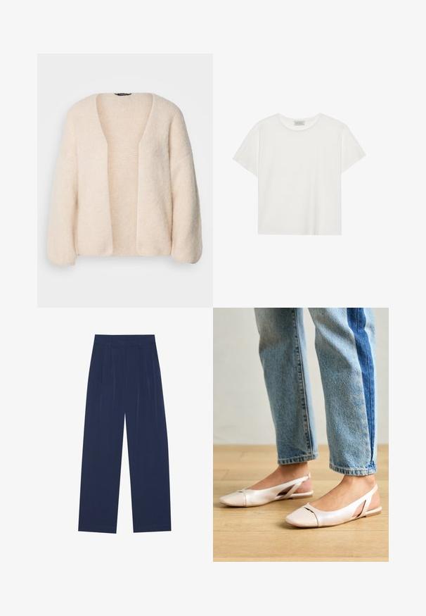 Helebeige ülepaisutatud kardigan, mis on valmistatud pehmest ja tekstuurilisest kootud kangast. Avatud esikülg, laiad varrukad ja ilma kinnitusteta.; Valge lühikeste varrukatega t-särk, mis on valmistatud pehmest puuvillast. Omab ümmargust kaelust ja mugavat lõiget. Puhtad jooned, ilma nähtavate mustrite või aktsentideta.; Tumedat sinised laiad püksid pehmest kangast, millel on esipleekid, sile pind ja sirge lõige, ilma nähtavate taskuteta.; Kahvatu roosa slingback lapikute jalatsite paar, millel on terav varvas, valmistatud siledast nahataolisest materjalist. Omab külgedel lõikekohti ja lapikut kontsa.