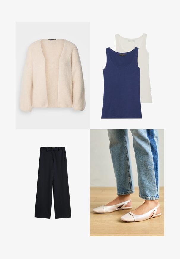 Svetlo bež oversized kardigan, izdelan iz mehke, teksturirane pletenine. Odprt sprednji del z širokimi rokavi in brez zaponk.; Dve majice brez rokavov: ena temno modra in ena smetanasta. Obe imata zaobljen ovratnik, mehak material in preprost dizajn. Vidna oznaka blagovne znamke na vrhu.; Široke hlače iz temno modrega blaga, z ravnim pasom, zankami za pas in dvema stranskima žepoma. Gladka tekstura brez vzorcev.; Svijetloružičaste slingback balerinke s šiljastim nožnim prstima, napravljene od glatkog materijala nalik koži. Imaju izrezane detalje sa strane i ravne pete.