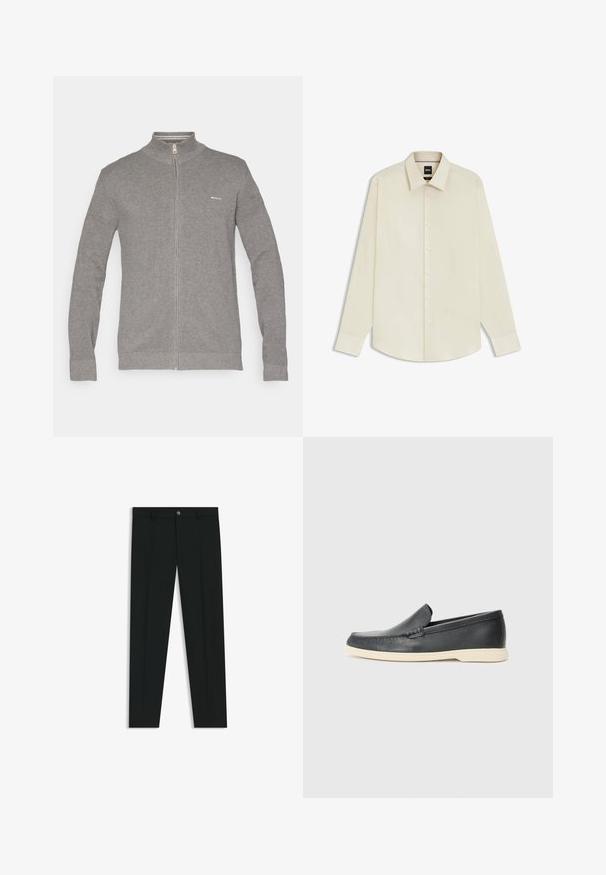 Szary sweter zapinany na zamek błyskawiczny z wysokim kołnierzem, wzorem plecionki, długimi rękawami i małym logo po lewej stronie klatki piersiowej.; BOSS JOE mleczny; Czarne spodnie materiałowe z prostymi nogawkami, wykonane z gładkiego materiału. Posiadają zamek na guzik z przodu oraz szlufki na pasek. Gładkie, bez wzorów.; Czarne skórzane slip-ony w stylu loafers z teksturowanym wykończeniem i kontrastującą beżową gumową podeszwą. Posiadają delikatny akcent wzdłuż przodu.