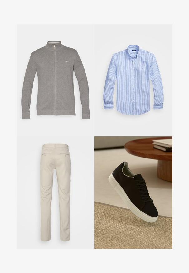 Grauer Reißverschluss-Pullover mit hohem Kragen, strukturiertem Strickmuster, langen Ärmeln und kleinem Logo auf der linken Brustseite.; Blau-weißer gestreifter Langarmshirt aus Baumwolle mit einem Button-Down-Kragen, Frontknöpfen und einem kleinen gestickten Logo auf der Brust.; Beige Hosen mit glatter Textur, geradem Schnitt, zwei Gesäßtaschen mit Knöpfen und einem normalen Bund.; Schwarze Sneakers mit weißer Sohle, die über einem beige strukturierten Teppich schweben, in der Nähe eines runden Holztisches mit gestapelten Büchern.