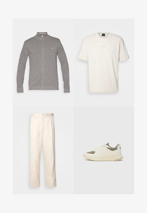 Szürke zipzáros pulóver magas gallérral, textúrált kötési mintával, hosszú ujjal és egy kis logóval a mell bal oldalán.; BOSS TEE - Basic póló - open white; Beige pamut nadrág egyenes szárú kivágással, gombos záródással és elülső redőkkel a részletek fokozása érdekében.; Fehér és világos bézs sportcipő, légies hálós felsőrésszel, perforált részletekkel és texturált középtalppal, amelyen a saroknál a márka logója található.