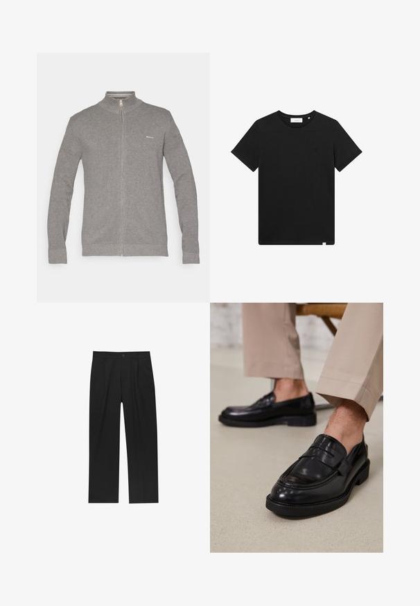 Siv svetr na zips s visokim ovratnikom, teksturiranim pletenim vzorcem, dolgimi rokavi in majhnim logotipom na levi strani prsi.; Črn kratkolasasti T-majica iz bombaža z okroglim izrezom in majhnim logotipom vezenim na prsih. Gladka tekstura, standardna prileganja.; Črne hlače z ravnim krojem, narejene iz gladkega materiala. Imajo sprednje gube in enojno zaponko na pasu.; Črne usnjene loafer čevlje z gladko površino, ki imajo okrasno zaponko in kontrastno šivanje, v kombinaciji s bež hlačami.