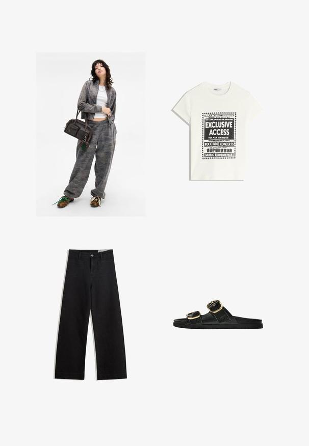 Grijze camouflagepatroon zip-up jack met bijpassende sweatpants. Bruine handtas met twee ritsvakjes en een groen sleutelhangeraccent. Bruine schoenen.; Witte t-shirt met zwarte tekst ter promotie van een muziek evenement, met de opschriften "Exclusieve Toegang," "Rock Indie Concerten," en "Superster Muziekervaring."; Zwarte denim broek met wijde pijpen en een hoge taille, voorzien van voor- en achterzakken, gestikte naden en een knoopsluiting. Gladde textuur.; Zwarte slipper met twee gouden gesps, gladde textuur, platte zool en een minimalistisch ontwerp.