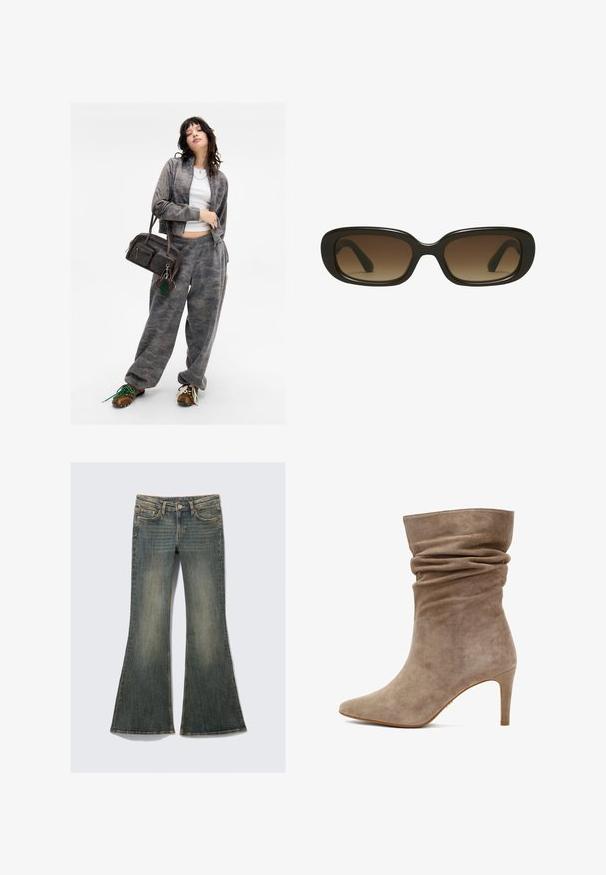 Szara kurtka z zamkiem błyskawicznym w wzór kamuflażu oraz dopasowane spodnie dresowe. Brązowa torba na ramię z dwiema zamykanymi kieszeniami i zielonym breloczkiem. Brązowe buty.; Długi rękaw bluzki wykonanej z jasnego beżowego bawełny. Okrągły dekolt z prostym wykończeniem, minimalne szwy oraz gładka tekstura. Prosty design bez wzorów czy ozdób.; Rozkloszowane dżinsy w wyblakłym niebieskim kolorze z klasycznym pięciokieszeniowym wzorem, z delikatną teksturą i widocznymi akcentami szwów.; Kozaki w kolorze taupe z zamszu, o luźnym fasonie, spiczastym nosku i smukłym wysokim obcasie. Oferują miękką teksturę i subtelne detale w postaci przeszyć.; Okulary przeciwsłoneczne z szeroką, prostokątną czarną ramą i gradientowymi brązowymi soczewkami. Gładka tekstura z lekko zaokrąglonymi krawędziami.; Czarna skórzana torebka na ramię pleciona, z okrągłym uchwytem i kształtem półksiężyca na jednolitym tle.