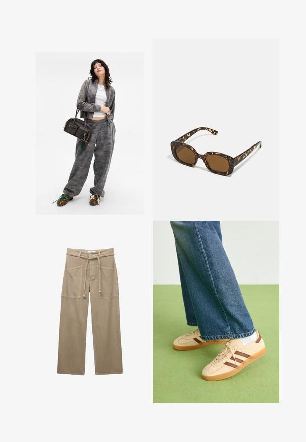 Harmaa kamouflage-kuvioinen vetoketjullinen takki, joka on yhdistetty sopiviin verkkareihin. Ruskea käsilaukku, jossa on kaksi vetoketjullista taskua ja vihreä avaimenperäkoriste. Ruskeat kengät.; Valkoinen T-paita, joka on valmistettu pehmeästä ja kevyestä kankaasta. Omistaa pyöreän kaula-aukon ja lyhyet, leveät hihat rentoa istuvuutta varten. Ei näkyviä kuvioita.; Beige levelet lahkeet, jotka on valmistettu kestävästä kankaasta, joissa on suuret etutaskut, punottu vyö ja hienovaraiset ompeluyksityiskohdat.; Beige lenkkarit, joissa on tekstuuriset kerma-paneelit ja ruskeat raidat, yhdistettynä sinisiin farkkuihin. Farkut ovat leveät ja niissä on repaleinen helma.; Kaurisilmät, joissa on pyöreä, jämäkkä kehys ja ruskeat linssit. Ominaisuuksiin kuuluvat hillityt kuviot sekä suorat, kapenevat sangan osat.