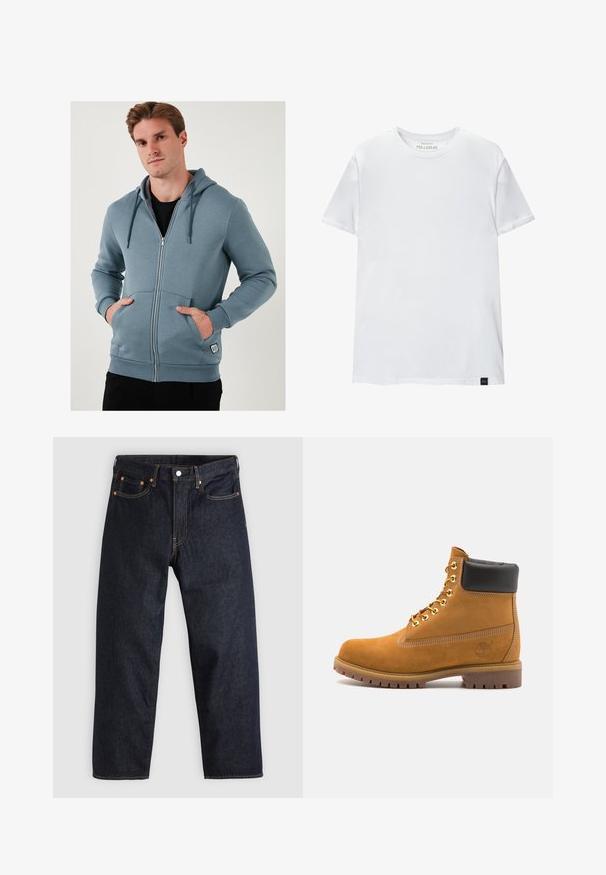 világoskék, cipzáras kapucnis pulóver puha anyagból készült. Kihúzható kapucnival, elülső zsebekkel és bordás mandzsettákkal rendelkezik, az alján pedig logós címke található.; Fehér, izmos szabású póló, tiszta pamutból készült. Kerek nyak, rövid ujjú, sima tapintású. Kis fekete logó címke az alsó szegélyen. Egyszerű dizájn.; Sötétkék farmernadrág egyenes szabással, öt zsebbel, kontrasztos narancssárga varrással és gombos záródással. Nem látható rajta mintázat vagy díszítés.; Barna velúr bokacipő fekete párnázott gallérral, arany fém fűzőlyukakkal, fehér varrási részletekkel és durva gumitalppal, amelynek kifejezett barázdái vannak.
