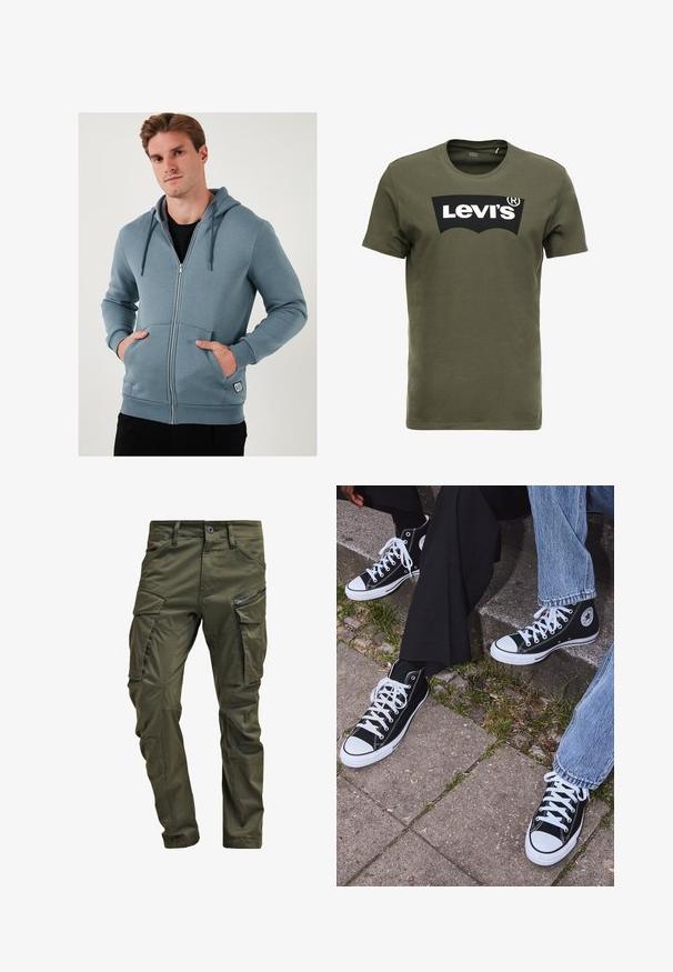 Světle modrá pánská mikina na zip vyrobená z měkké tkaniny. Obsahuje kapuci se stahovací šňůrkou, přední kapsy a žebrované manžety s logem na spodní části.; Olivově zelené bavlněné tričko s velkým černým logem Levi's na přední straně. Klasický kulatý výstřih a krátké rukávy, hladká textura.; Olivově zelené cargo kalhoty vyrobené z pevné bavlny. Obsahují několik kapsiček, boční kapsu na zip a zúžené nohavice s mírně texturovaným povrchem.; Černé kanvasové tenisky s vysokým střihem, bílé gumové podrážky a tkaničky, s kulatým logem na boku a spárované s džíny a černými kalhotami.