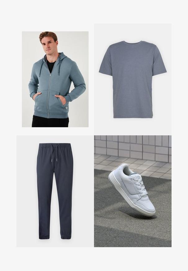 Sudadera con cremallera de color azul claro, hecha de una tela suave. Cuenta con una capucha ajustable, bolsillos frontales y puños acanalados, además de una etiqueta con el logo en la parte inferior.; Camiseta gris de manga corta con cuello redondo, hecha de una suave mezcla de algodón. Diseño simple, sin patrones ni acentos.; Pantalones jogger ajustados en color navy con cintura elástica, cordón y puños elásticos, hechos de una tela suave y ligera.; Zapatilla blanca de cuero con lados perforados, acentos texturizados, cordones planos y un talón gris en contraste. Presenta una suela ligeramente elevada.