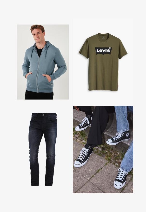 Gaiši zila kapuciņa ar rāvējslēdzēju, kas izgatavota no mīksta auduma. Aprīkota ar regulējamu kapuci, priekšējiem kabatām un ribotām piedurknēm, ar logo uzlīmi apakšā.; Olivzaļš kokvilnas T-krekls ar lielu melnu Levi's logotipu kontrastējošā pusloka formā krūtīs. Parasts piegriezums.; Tumši zilie piegulošie džinsi ar nelielu izbalēšanu gurnos un ceļos, ar priekšējām kabatām, jostas cilpām un pogu aizdari.; Melni augstie kanvas sporta apavi ar baltām gumijas zolemi un šņorēm, ar apļa logotipu sānos, kombinēti ar džinsu un melnām biksēm.