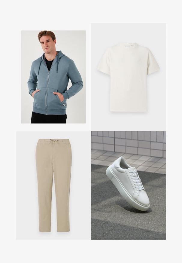 Light blue zip-up hoodie made of soft fabric. Features a drawstring hood, front pockets, and ribbed cuffs with a logo tag on the bottom.; White short-sleeve T-shirt in a ribbed texture. Round neckline, relaxed fit, no visible patterns or accents. Simple and versatile design.; Beige lounge pants with an elastic waistband and drawstring, featuring a straight leg design and soft, smooth texture.; White leather sneaker with a smooth surface, round toe, and flat white laces. Features a textured rubber sole and minimal design elements.