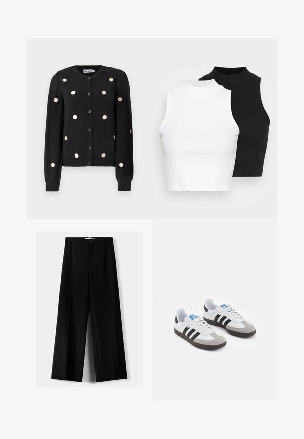 Pulover negru cu nasturi, cu mâneci lungi, având buline mari bej uniform distribuite și manșete și tiv ribbate.; Două bluze fără mâneci, cu guler înalt, în culorile negru și alb, având un design ajustat și o textură netedă, cu o lungime scurtă.; Pantaloni negri cu picior larg, fabricați dintr-un material ușor, cu închidere frontală cu nasture și față plată, având tivuri cusute cu atenție.; Încălțăminte sport cu un superior din piele albă, vârf din suede gri și trei dungi negre. Prezintă un logo albastru pe limbă și o talpă din cauciuc texturat.