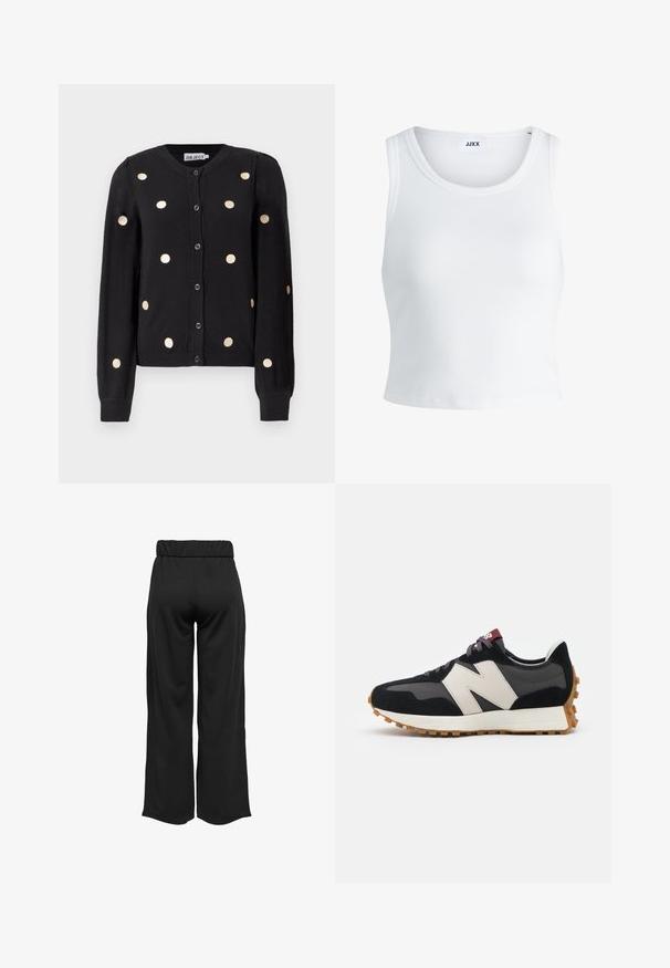 Black button-up cardigan with long sleeves, featuring evenly spaced large beige polka dots and ribbed cuffs and hem.; White ribbed tank top featuring a round neckline, sleeveless design, and a cropped length. Label reads "JJXX." Smooth fabric texture.; Black, wide-leg pants with an elastic waistband, made from smooth fabric. Features a clean design with no pockets or visible stitching details.; Black and gray suede sneaker with a large cream-colored "N" logo, purple laces, and a textured gum rubber outsole.