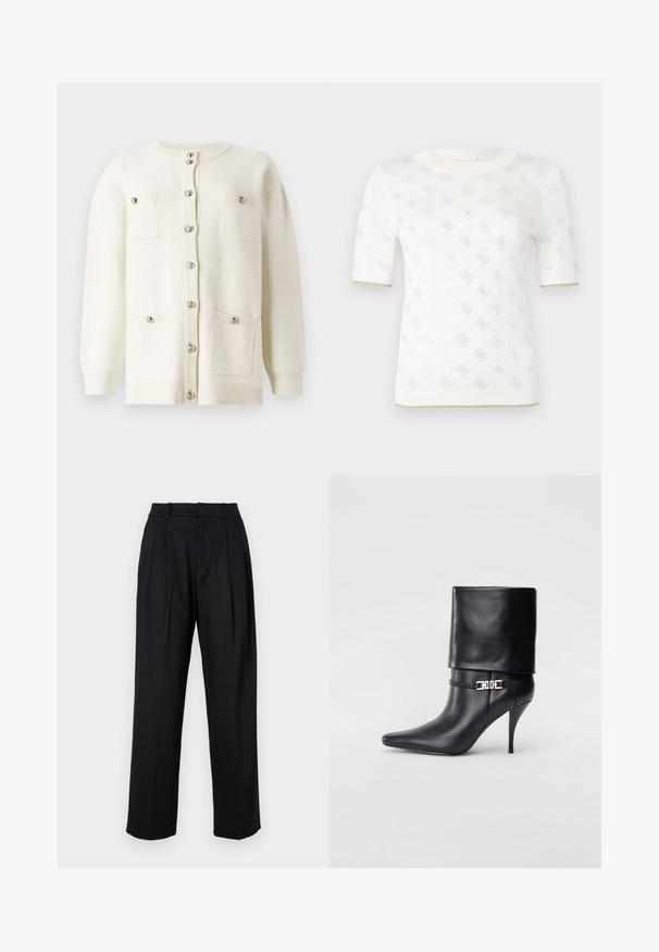 Bijela pletena jakna s okruglim izrezom, prednjim gumbima, dva džepa na prsima i rebrastim manžetama. Glatka tekstura i jednostavan dizajn.; Pleteni bijeli top s kratkim rukavima s suptilnim uzorkom, s okruglim izrezom i zlatnim naglaskom na rubu. Tekstura je lagana i prozračna.; Crne hlače s krojem koji se prilagođava tijelu, s visokim strukom, plisiranim detaljima i ravnim nogavicama. Izrađene od glatkog materijala u jednobojnoj nijansi.; Crna kožna gležnjača s šiljastim prstom, visokim stiletto potplatom, preklopnim rubom i zlatnom dekorativnom kopčom na gležnju.