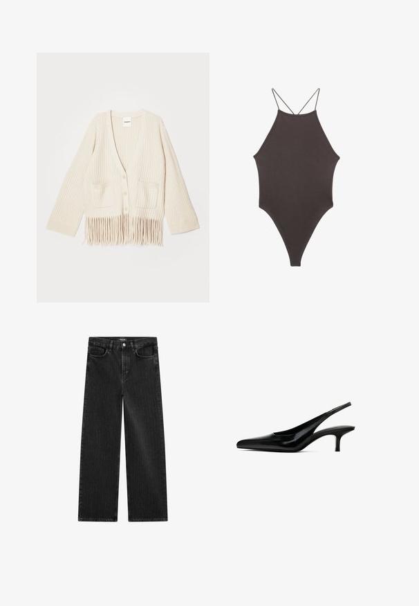 Ecrufarbener, gestrickter Cardigan mit V-Ausschnitt, Drei-Viertel-Ärmeln, zwei vorderen Taschen und Fransenverzierungen am Saum.; Brauner, hochgeschlossener Badeanzug mit dünnen, verstellbaren Trägern; zeichnet sich durch einen hohen Beinschnitt und eine glatte Textur aus. Keine Muster oder Verzierungen.; Weite schwarze Denim-Jeans mit feinem vertikalen Streifenmuster, ausgestattet mit einem Fünf-Taschen-Design und einem klassischen Knopfverschluss an der Taille.; Schwarzer Slingback-Schuh mit spitzem Zehenbereich, glänzender Lederoberfläche und dünnem, niedrigem Absatz. Verfügt über einen Ausschnitt an der Seite für Atmungsaktivität.