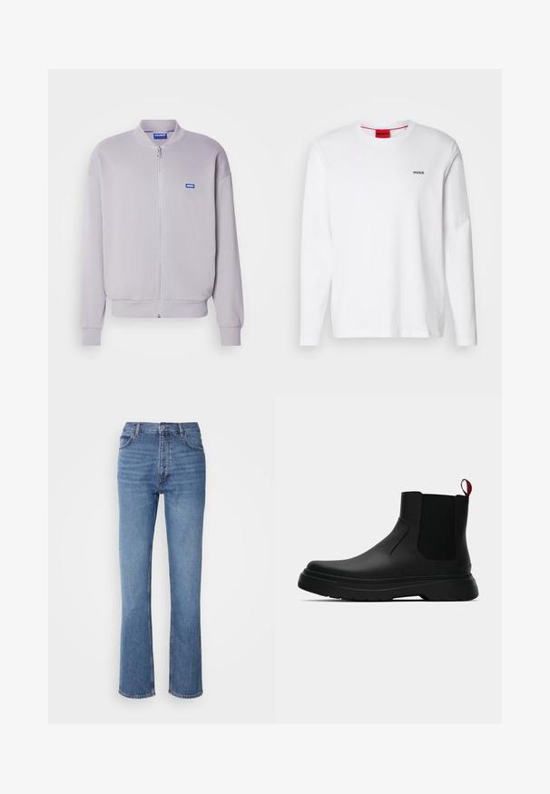 HUGO NARANE - Bomber dzseki - open grey; Fehér, hosszú ujjú pamut póló, kerek nyakkivágással, bal mellrészen fekete "HUGO" logóval és sima textúrával.; Kék farmernadrág magas derékkal, egyenes szabású dizájnnal és enyhe kopással. Jellemzője az klasszikus öt zsebes kialakítás és cipzáras zárás.; Fekete bokacipő sima felülettel, ruganyos oldalsó panelek és kontrasztos piros húzópánt jellemzi, vastag gumitalppal és lekerekített orral.