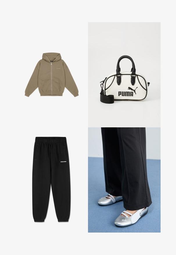 Khaki zipová mikina s velkou kapucí, přední kapsou a žebrovanými manžetami. Vyrobena z měkké strukturované tkaniny s jemným logem na hrudi.; Šedé bavlněné tričko s krátkým rukávem, vybavené kulatým výstřihem a malým bílým logem "PEGADOR" na přední straně. Hladká textura, volný střih.; Černé tepláky vyrobené z měkké tkaniny, s elastickým páskem na stažení, zúženými nohavicemi a bočními kapsami. Bílé logo „PEGADOR“ na přední straně.; Stříbrné a bílé ploché boty s křížovými pásky a texturovaným detailem, doplněné volnými černými kalhotami. Umístěno na modré podlaze.; Bílá kabelka s černými akcenty, se znakem Puma. Krátké, zaoblené uši a odnímatelný popruh, vyrobená z texturovaného syntetického materiálu.