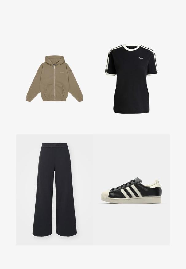 Khaki zipsová mikina s veľkou kapucňou, predným vreckom a rebrovanými manžetami. Vyrobená z mäkkého, textúrovaného materiálu so subtílnym brandingom na hrudi.; Čierne bavlnené tričko s bielymi akcentmi na golieri a rukávoch, s tromi bielymi pruhmi na každom pleci a malým logom na hrudi.; Čierne širšie tepláky vyrobené z mäkkej látky, s elastickým pásom a malým logom na ľavej strane.; Čierne kožené tenisky s bielymi pruhmi, gumenou špičkou, čiernymi šnúrkami a krémovobielou podrážkou. Hladký povrch s lesklým finišom.