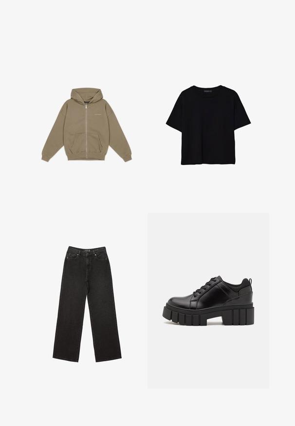 Felpa con zip color khaki, dotata di un ampio cappuccio, tasca frontale e polsini a coste. Realizzata in un morbido tessuto testurizzato con un discreto logo sul petto.; T-shirt nera a maniche corte in cotone. Presenta un collo rotondo e una vestibilità ampia con una texture liscia e uniforme. Nessun motivo o accento visibile.; Jeans neri a gamba larga realizzati in denim, caratterizzati da piccoli motivi a pois, design classico a cinque tasche e chiusura con bottone e zip.; Scarpe platform in pelle nera con tacco a blocco robusto, punta rotonda e design tradizionale con lacci. Presentano una superficie liscia e dettagli minimi.
