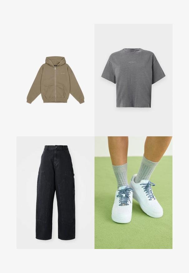 Khaki zip-up hoodie with a large hood, front pocket, and ribbed cuffs. Made of soft, textured fabric with subtle branding on the chest.; Gray short-sleeve cropped T-shirt with crew neck and small centered white "carhartt" logo on front.; Black denim wide-leg cargo pants with a high waist, two large front pockets, and a button closure at the waist. Smooth texture, casual design.; White leather sneakers with blue accents, perforated toe design, and textured blue-and-white laces, worn with gray ribbed socks.