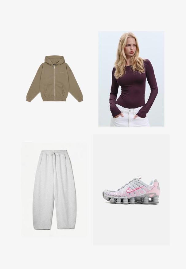 Khaki zip-up hoodie med stor huva, framficka och ribbade muddar. Tillverkad av mjukt, texturerat tyg med diskret logotyp på bröstet.; Bordeaux långärmad tajt topp med rund halsringning och tumhål, kombinerad med vita högmidjade byxor. Slätt tyg och elastisk textur.; Ljusgrå sweatpants med avslappnad passform, elastiskt midjeband, dragsko och sidofickor; tillverkade av mjukt, texturerat tyg.; Nike idrottssko i vitt och ljusrosa. Har en meshtopp och en distinkt böjd sula med synlig luftdämpning.