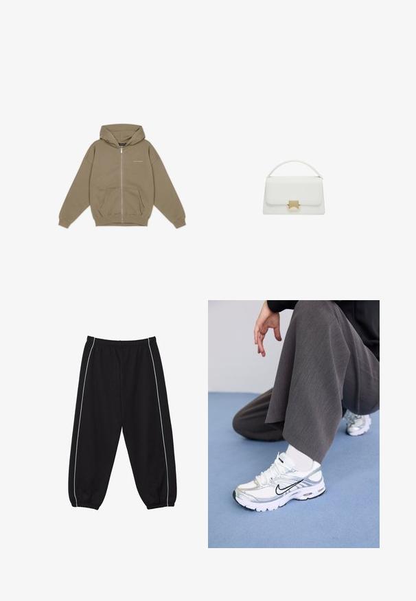 Khaki zipsová mikina s veľkou kapucňou, predným vreckom a rebrovanými manžetami. Vyrobená z mäkkého, textúrovaného materiálu so subtílnym brandingom na hrudi.; Biela krátka T-shirt s voľným strihom a zlaceným textúrou v oblasti pása. Vyrobená z mäkkého, ľahkého materiálu.; Čierne tepláky vyrobené z bavlneného zmesi, s elastickým pásom a manžetami, s kontrastnými bielymi bočnými prúžkami. Voľný a pohodlný strih.; Biele a strieborné športové topánky s jemnou sieťovinou a syntetickými materiálmi, so čiernymi akcentmi, šnúrkami a textúrovanými podrážkami.; Biela kožená kabelka so štruktúrovaným dizajnom, vybavená hornou rukoväťou a zlatou sponou. Hladká textúra a minimalistické akcenty.