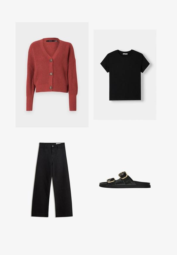 Roter, kurzer Cardigan mit strukturiertem Strickmuster, V-Ausschnitt und drei braunen Knöpfen auf der Vorderseite. Lange, leicht puffige Ärmel.; Schwarz Baumwoll-T-Shirt mit kurzen Ärmeln, rundem Halsausschnitt und lockerer Passform. Schlichte Ausführung ohne Muster oder Verzierungen.; Schwarze weit geschnittene Jeans mit hoher Taille, ausgestattet mit Vorder- und Hintertaschen, gesteppten Nähten und einem Knopfverschluss. Glatte Textur.; Schwarze Riemensandale mit zwei goldenen Schnallendetails, glattem Material, flachem Sohlen und minimalistischer Gestaltung.