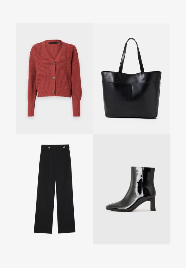 Cardigan rouge court avec un motif de tricot texturé, col en V et trois boutons marron à l'avant. Manches longues légèrement bouffantes.; Débardeur noir côtelé avec un décolleté carré et des bretelles fines réglables. Le tissu présente un motif texturé et une coupe ajustée.; Pantalons larges noirs à taille haute, avec des détails de boutons à la taille et des plis sur le devant.; Bottines en cuir verni noir avec un bout pointu et un talon block de hauteur moyenne. Texture lisse et design minimaliste.; Sac fourre-tout en cuir noir avec deux longues poignées, une texture lisse et une forme structurée. Dispose d'une poche avant pour un rangement supplémentaire.