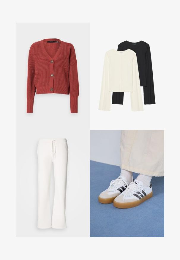 Cardigan curto vermelho com um padrão de malha texturizado, decote em V e três botões castanhos na parte da frente. Mangas longas, ligeiramente bufantes.; Conjunto de duas blusas de manga longa em branco e preto. Textura canelada, decote redondo, design ajustado com mangas ligeiramente evasê.; Calças de fato brancas, de corte descontraído, feitas de um tecido macio, com um cós elástico e um cordão de ajuste, apresentando um design de pernas retas.; Ténis brancos com riscas pretas e detalhes em camurça bege. Apresentam uma sola de borracha texturizada e atacadores brancos lisos, usados com meias de tom claro.