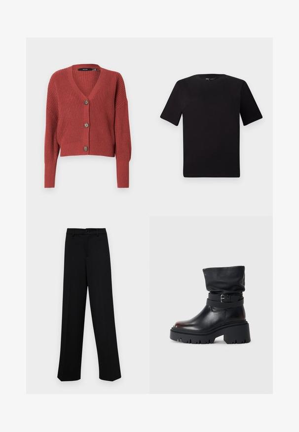 Red cropped cardigan with a textured knit pattern, V-neck, and three brown buttons on the front. Long, slightly puffed sleeves.; Black short-sleeve t-shirt with a round neckline, crafted from soft cotton fabric. Simple design, no visible logos or patterns.; Black wide-leg trousers made of smooth fabric, featuring a classic waistband with a button closure and front pleats.; Black leather ankle boot with a slouchy upper, buckle detail, and thick, rugged sole. Features a round toe and smooth texture.