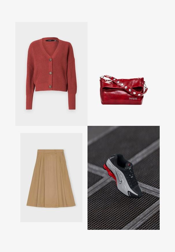 Red cropped cardigan with a textured knit pattern, V-neck, and three brown buttons on the front. Long, slightly puffed sleeves.; White cotton t-shirt with a crew neckline, short sleeves, and a black Nike logo printed centrally on the chest. Simple and classic design.; Knee-length, pleated skirt in light brown cotton, featuring a fitted waistband with belt loops and a straight hemline.; Black and gray athletic shoe with red cushioned sole, black laces, and swoosh logo resting on metal grid surface.; Red synthetic leather shoulder bag with a fold-over flap, silver snap accents on the strap, and a printed "Desigual" logo.