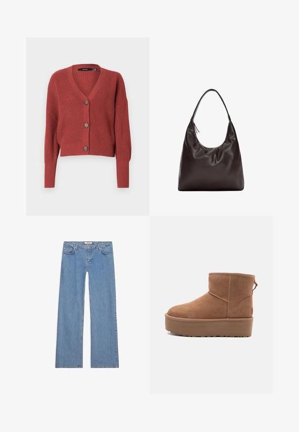 Rød cropped cardigan med et tekstureret strikmønster, V-hals og tre brune knapper foran. Lange, let puffede ærmer.; Hvid kortærmet t-shirt lavet af bomuld. Har en rund halsudskæring og en afslappet pasform. Glat tekstur uden synlige mønstre eller detaljer.; Lyseblå vidbenede jeans lavet af denim, med fem lomme-design, knaplukning og syninger langs sømmene og kanterne.; Tan ruskinds ankelstøvle med platformssål, rund tå og syninger; har en løkke bagpå for nem påtagning.; Brun læder skuldertaske med et blødt, slasket design. Tasken har en bredrem og en minimalistisk form, der suppleres af en subtil tekstur.