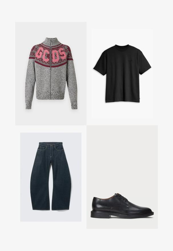 Grijze gebreide zip-up trui met een hoge kraag, voorzien van een bordeauxrode en roze geometrische patroon over de borst en bold "GCDS" lettering.; Zwarte katoenen t-shirt met een ronde hals en korte mouwen. Heeft een subtiel logo aan de voorkant en een rechte zoom. Eenvoudig en minimalistisch ontwerp.; Donkerblauwe wijd uitlopende jeans van denim, met vijf zakken, zichtbare stiksels, een knoopsluiting en een nette afwerking.; Zwart leren dresschoen met een ronde neus, vetersluiting en een lage gestapelde hak. Gladde textuur met minimale stiksels.