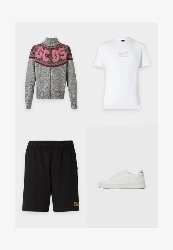 Szary dzianinowy sweter zapinany na zamek z wysokim kołnierzem, zdobiony geometrycznym wzorem w burgundzie i różu na piersi oraz wyraźnym napisem "GCDS".; Biała bawełniana koszulka z okrągłym dekoltem i krótkimi rękawami, z nadrukowanym z przodu złotym logo EA7 Emporio Armani.; Czarne sportowe szorty wykonane z miękkiego materiału, z elastycznym paskiem w talii oraz małym, żółtym logo EA7 na dolnej lewej nodze.; Białe skórzane sneakersy o gładkim wykończeniu, okrągłym nosku, płaskich sznurówkach i teksturowanej podeszwie. Charakteryzują się delikatnym logo na pięcie.