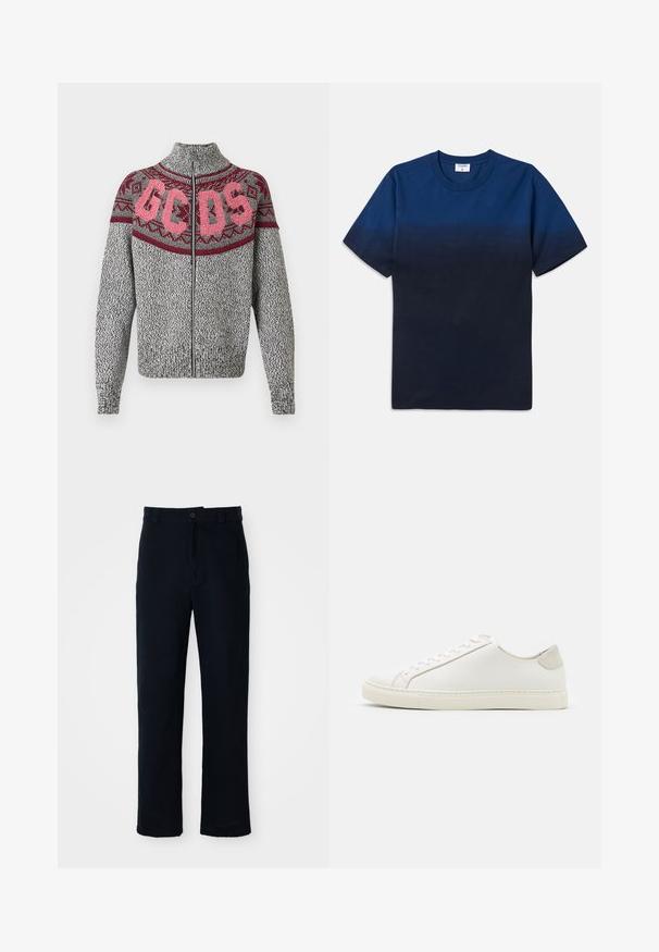 Pelēks adīts džemperis ar rāvējslēdzēju un augstu apkakli, ar bordo un rozā ģeometrisku rakstu uz krūtīm un drosmīgu "GCDS" uzrakstu.; Tums zila kokvilnas T-kreklu ar apaļu kaklu, īsām piedurknēm un izsmalcinātu gradientu dizainu, kas pāriet no gaišākām uz tumšākām nokrāsām.; Kokvilnas tumši zilas bikses ar taisnu kāju dizainu, priekšējo pogu aizdari un klasisku jostasvietu ar jostas cilpiņām.; Balti ādas sporta apavi ar gludu virsmu, noapaļotu purngala daļu un minimālistisku dizainu. Iezīmējas ar bežām akcentiem uz papēža un gumijas zoli.