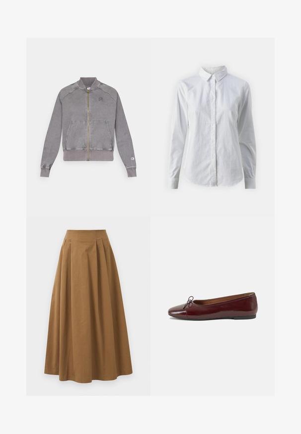 Siva zip-up jakna s rebrastim manžetama i rubom, sadrži dva prednja džepa i mali logo na prsima. Tekstuirana tkanina s izblijedjelim završetkom.; Bjela košulja na dugih rukava od glatkog pamuka, s klasičnom kragnom i zakrivljenim rubom. Dugmad su mala i bijela.; Smeđa pamučna suknja A kroja s visokim strukom, koja ima nabore sprijeda i glatku teksturu. Završetci donjeg ruba su čisti i jednostavni.; Burgundska lakirana balerinka s zaobljenim vrhom, malim mašnom sprijeda i niskom, crnom gumenom potplatu. Glatka tekstura.