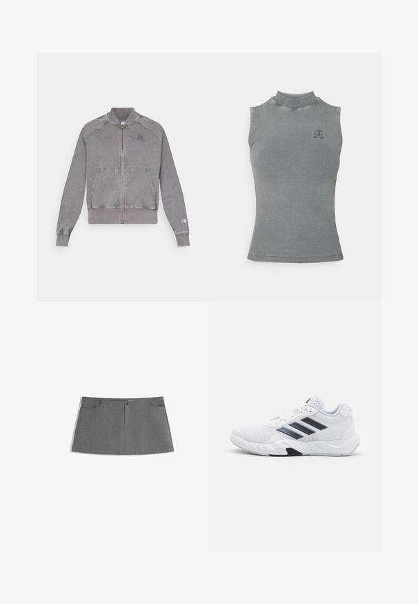 Szürke cipzáras dzseki bordázott mandzsettákkal és hem eljárással, két elülső zsebbel és egy kis logóval a mellrészen. Texturált anyag megkopott felülettel.; Szürke bordás ujjatlan póló magas nyakkivágással. Az elején egy kis hímzett logó található, és testhezálló szabású.; Szürke szoknya, egyenes szabással, két elülső zsebbel, elülső gombos záródással és finom textúrájú mintázattal.; Fehér sportcipő, hálós felsőrésszel, az oldalon három fekete csíkkal, textúrázott részletekkel és egy tartós gumi talppal, amelynek ellentétes fekete szakasza van.