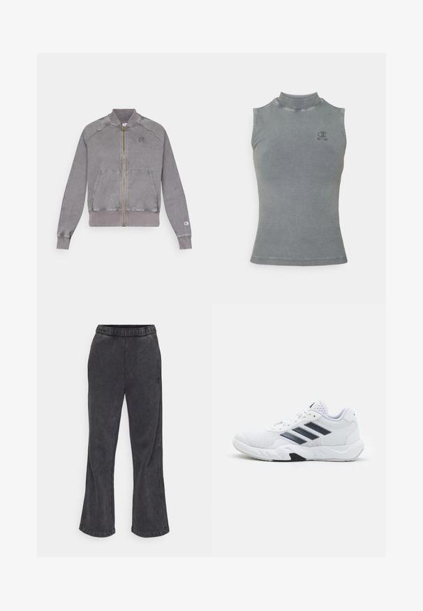 Šedá zipsová bunda s rebrovanými manžetami a lemom, so zameraním na dve predné vrecká a malým logom na hrudi. Textúrovaná tkanina s vyblednutým vzhľadom.; Sivý rebrovaný tielko s vysokým golierom a bezrukávovým dizajnom. Obsahuje malé vyšívané logo na hrudi a priliehavý strih.; Zúžené tepláky v tmavosivej farbe s jemnou textúrou. Obsahujú elastický pás a vyšívané logo na boku.; Biele športové topánky s ventilovaným vrchom, tromi čiernymi pruhmi po stranách, textúrovanými akcentmi a pevným gumovým podošvom s kontrastnou čiernou časťou.