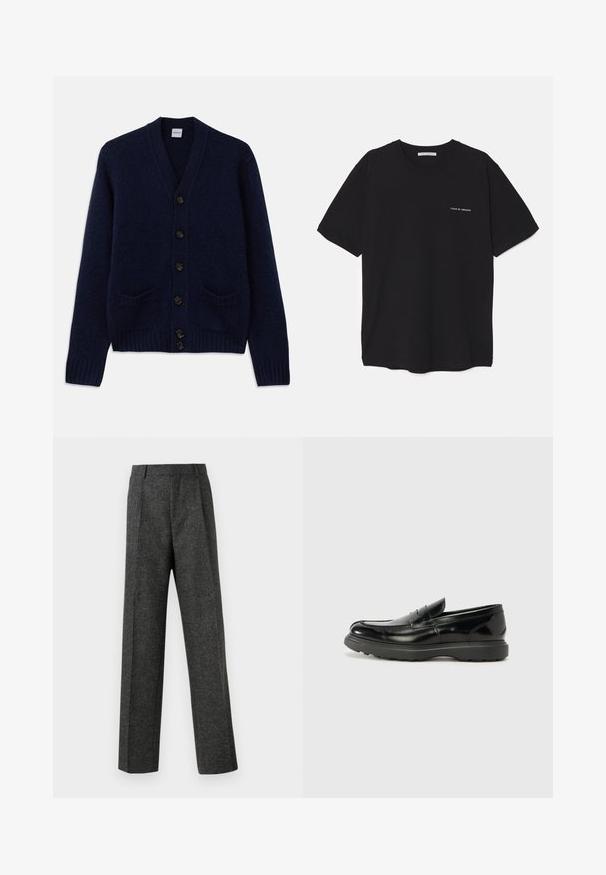 Marineblau gestrickte Strickjacke mit V-Ausschnitt, sechs braunen Knopfschließen, zwei Fronttaschen sowie gerippten Bündchen und unterem Saum. Strukturierter Stoff.; Schwarzes Baumwoll-T-Shirt mit Rundhalsausschnitt, kurzen Ärmeln und weißem Logodruck auf der linken Brust. Einfaches, einfarbiges Design.; Graue maßgeschneiderte Hose aus strukturiertem Stoff, mit zwei vorderen Falten und geradem Bein. Keine sichtbaren Taschen oder Verzierungen.; Schwarze Lederloafer mit glanzendem Finish, abgerundetem Zehenbereich, subtilen Steppnähten und einer dicken Gummisohle für Langlebigkeit.