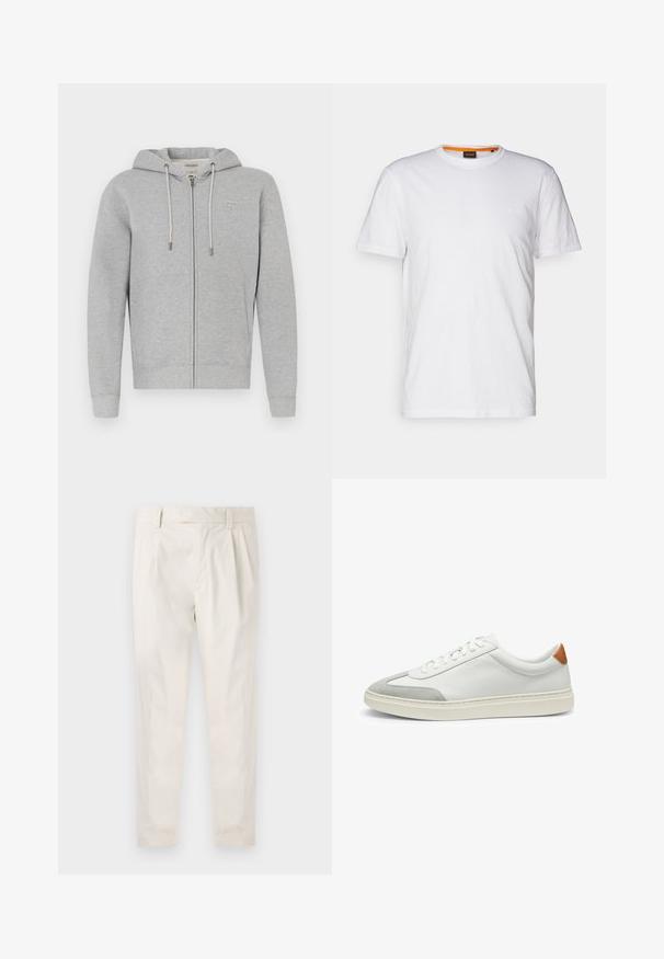 Felpa grigia con zip realizzata in tessuto morbido. Presenta un cappuccio con coulisse, tasche frontali e una piccola etichetta con logo sul lato sinistro superiore.; T-shirt bianco in cotone con collo rotondo, maniche corte e un logo a rilievo discreto sul petto. L'etichetta interna ha un accento arancione.; Pantaloni bianchi plissettati con taglio su misura, caratterizzati da una texture liscia, passanti per la cintura e gambe affusolate. Nessuna tasca o motivo visibile.; Sneakers bianchi in pelle con accenti in suede grigio e un tallone in pelle beige. Presentano una superficie testurizzata e una suola leggera.