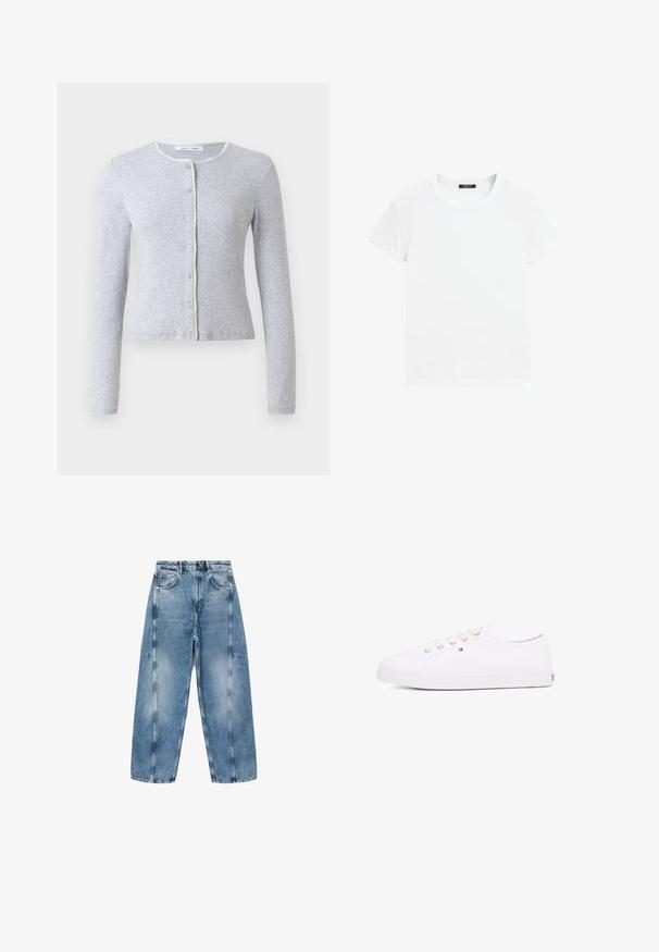 Grauer langärmliger Cardigan mit rundem Halsausschnitt, Knopfleiste und kontrastierendem Dekorationsbesatz entlang des Halsausschnitts. Weiche Textur, figurbetonter Schnitt.; Weißes Kurzarm-T-Shirt aus weicher Baumwolle, mit Rundhalsausschnitt und entspannter Passform sowie gerollten Säumen. Keine Muster oder Verzierungen.; Hellblaue Denim-Jeans haben eine lockere Passform, große Taschen und kontrastierende Nähte. Der Stoff hat eine ausgeblichene Optik mit einer glatten Textur.; Weißes Leinensneaker mit goldenen Ösen, flachen Schnürsenkeln, strukturiertem Gummisohle und minimalem Branding an der Seite. Niedriges Profil.