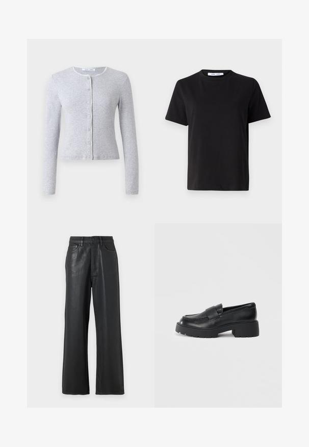 Grafitový dlhý rukáv kardigán s okrúhlym výstrihom, zapínaním na gombíky a kontrastným dekoračným lemovaním pozdĺž výstrihu. Mäkká textúra, priliehavý strih.; Čierne tričko s krátkym rukávom vyrobené z mäkkej bavlny, s okrúhlym výstrihom, uvoľneným strihom a hladkou štruktúrou. Žiadne viditeľné vzory ani grafika.; Čierne široké nohavice vyrobené z lesklého materiálu. Obsahujú gombíkový uzáver, pútka na opasok a predné vrecká s hladkým povrchom.; Čierne kožené loafery s textúrovaným povrchom, s obdĺžnikovým prúžkom cez priehlavok a robustným, drsným designom podrážky.