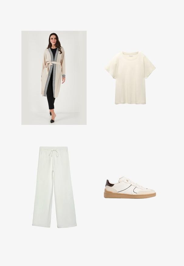Béžový kardigan ve stylu kimona s černou krajkou podél okrajů a rukávů, s páskem na zavazování a volným střihem.; Svetle béžové tričko s krátkým rukávem a kulatým výstřihem, vyrobené z jemné, hladké tkaniny. Má uvolněný střih a rovný lem.; Bílé kalhoty s širokými nohavicemi vyrobené z měkké tkaniny. Mají elastický pas se stahovací šňůrkou a hladkou strukturu. Žádné viditelné vzory ani kovové prvky.; Stradivarius Tenisky - white