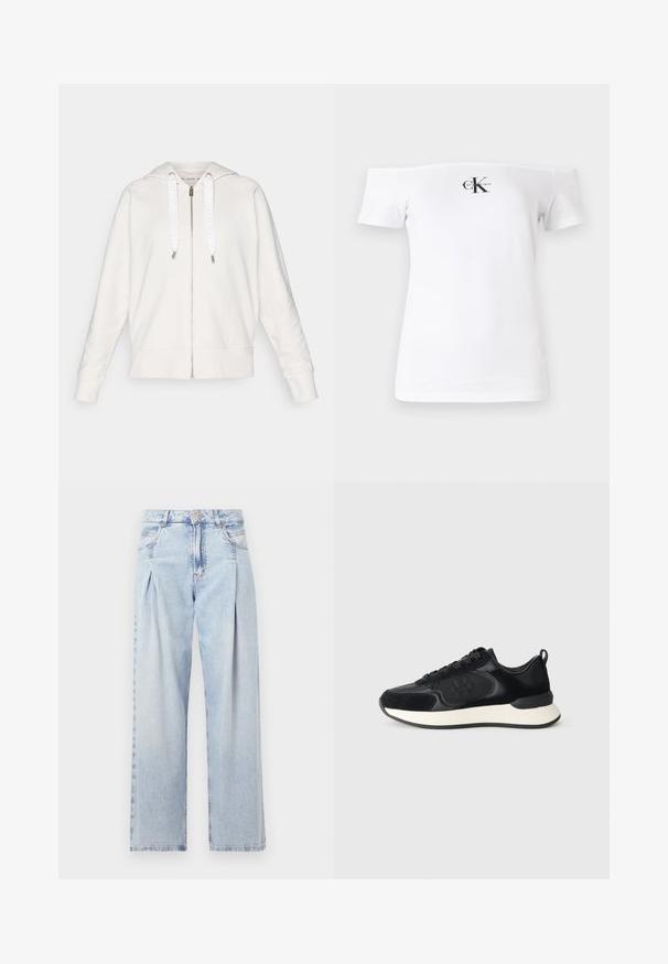 Gaiši pelēks kapuces džemperis ar rāvējslēdzēju, kas izgatavots no mīksta auduma, iekļaujot kapuci, baltus auklas ar logotipu un ribinātas piedurknes un apakšmali.; Balts off-the-shoulder T-krekls, īsas piedurknes, kokvilnas materiāls, priekšpusē ar melnu "CK" logotipu un tekstu. Gluda tekstūra.; Gaiši zilas džinsu bikses ar augstu jostasvietu, plats kāju griezumu, divām sānu kabatām un krokotā dizaina akcentiem. Mīksta tekstūra ar izdilušu apdari.; Melnas sporta kurpes ar gludu ādas augšdaļu, zamšādas akcentiem, apaļu purngalu un kontrastējošu baltu vidusdaļu. Tam ir saites aizdare un logo detaļa.